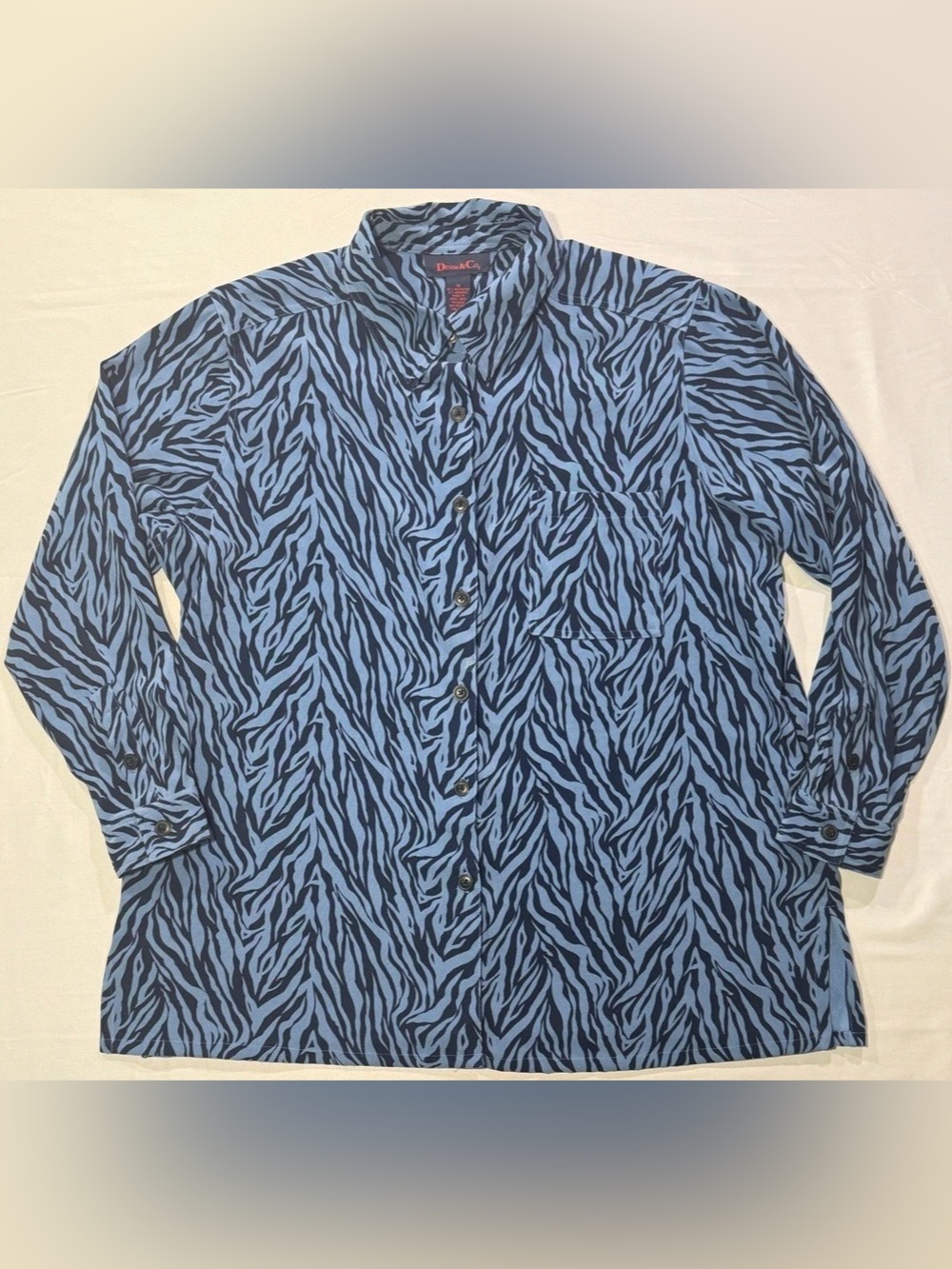 Denim & Co. Women’s 1X Blue Zebra Print Long Sleeve Button Front Shirt